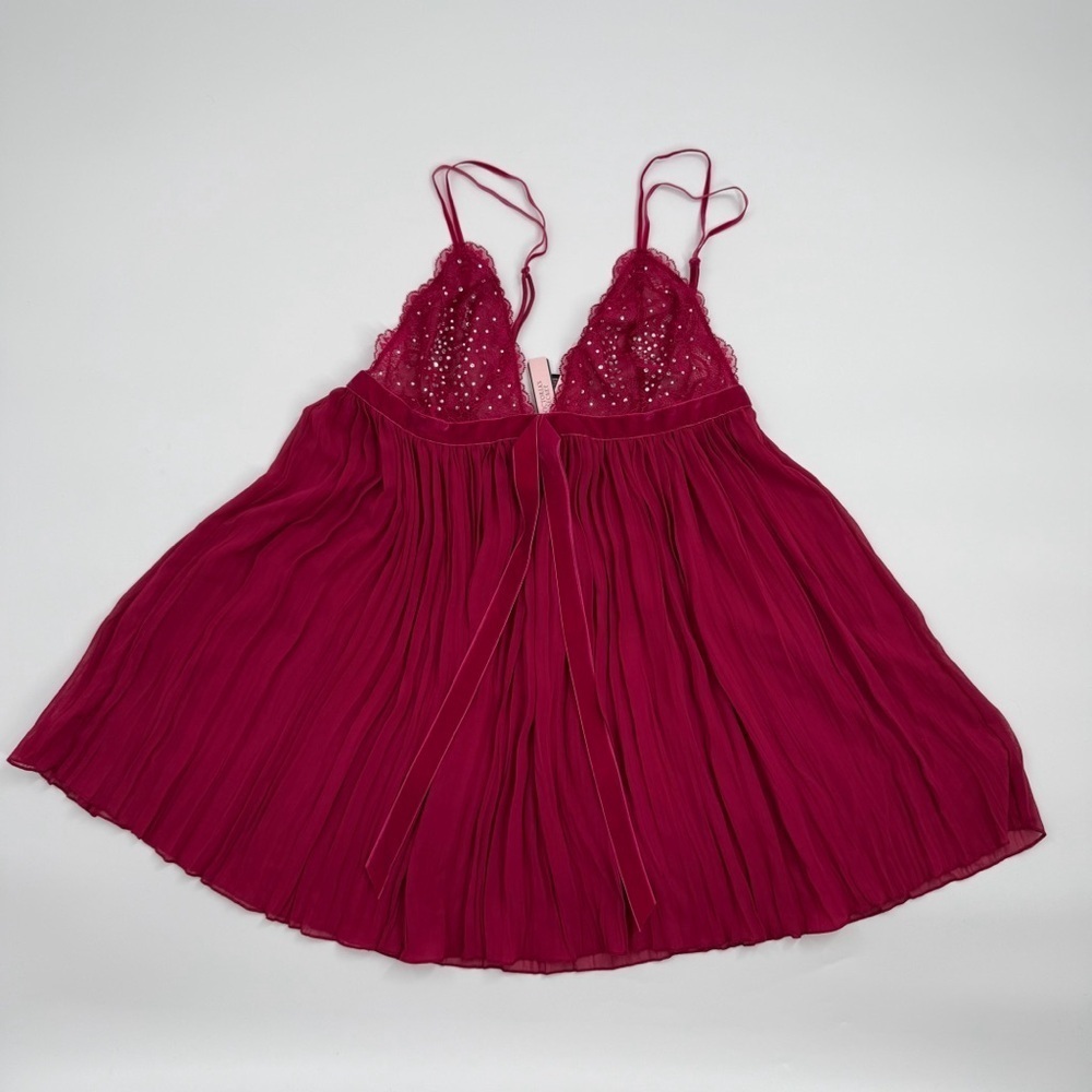 Victoria’s Secret Burgundy Pleated Babydoll Chemise with Lace & Rhinestones